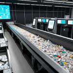 **Image Prompt:** A futuristic waste sorting facility with robotic arms and AI-powered sensors separating different types of waste (plastics, paper, metal) on a conveyor belt. The scene should be brightly lit, emphasizing cleanliness and efficiency, suggesting advanced technology and a circular economy in action. In the background, display screens show data analytics of the waste streams.