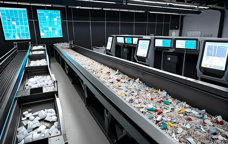 **Image Prompt:** A futuristic waste sorting facility with robotic arms and AI-powered sensors separating different types of waste (plastics, paper, metal) on a conveyor belt. The scene should be brightly lit, emphasizing cleanliness and efficiency, suggesting advanced technology and a circular economy in action. In the background, display screens show data analytics of the waste streams.
