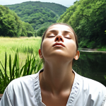 **

A person practicing deep breathing techniques (4-7-8 method) to manage stress before a practical exam. Focus on a calm environment, perhaps with nature elements visible in the background, or a quiet, uncluttered space. The person should appear focused and relaxed.

**