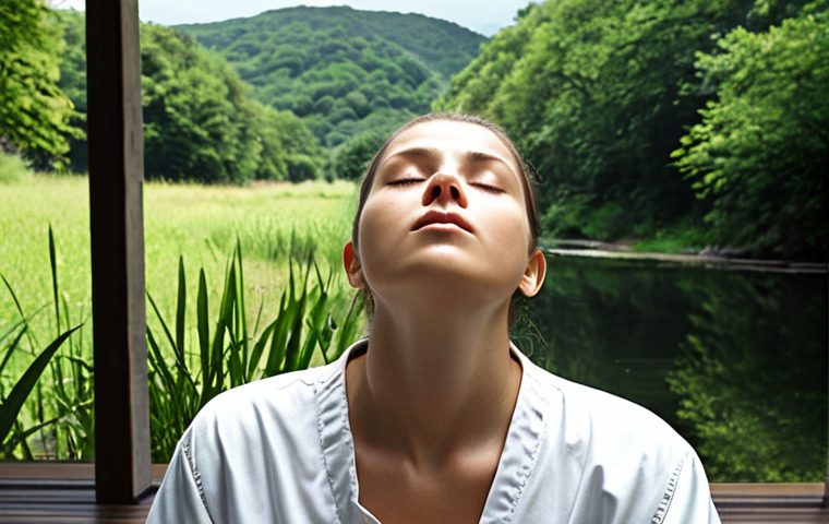 **
A person practicing deep breathing techniques (4-7-8 method) to manage stress before a practical exam. Focus on a calm environment, perhaps with nature elements visible in the background, or a quiet, uncluttered space. The person should appear focused and relaxed.
**